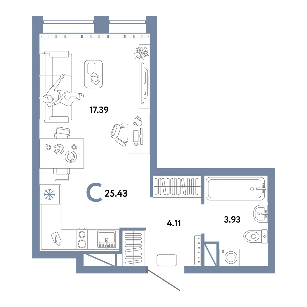 Планировка: Юнион Студия 25,43м²