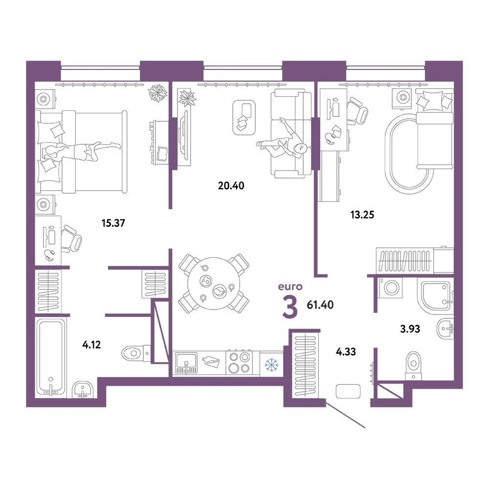 Планировка: Юнион 3-комнатная 61,40м²