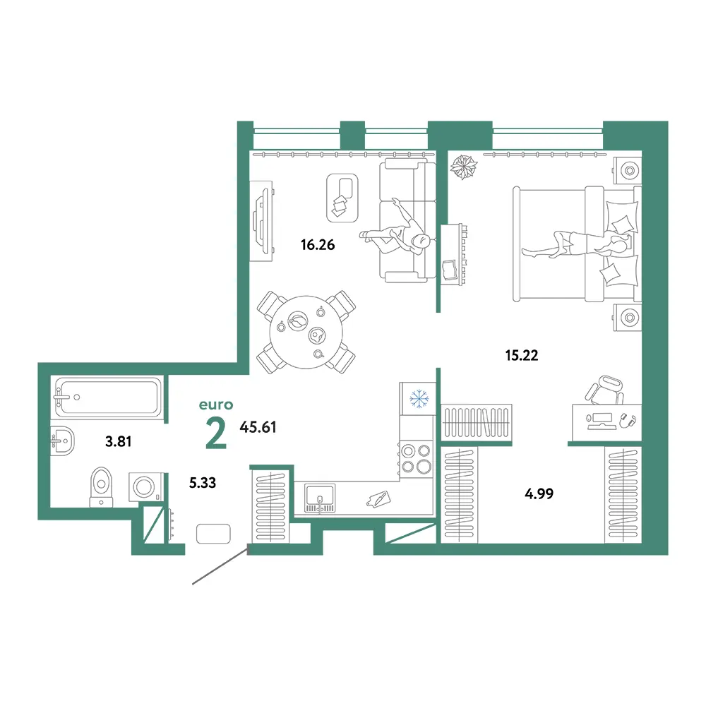 Планировка: Юнион 2-комнатная 45,61м²