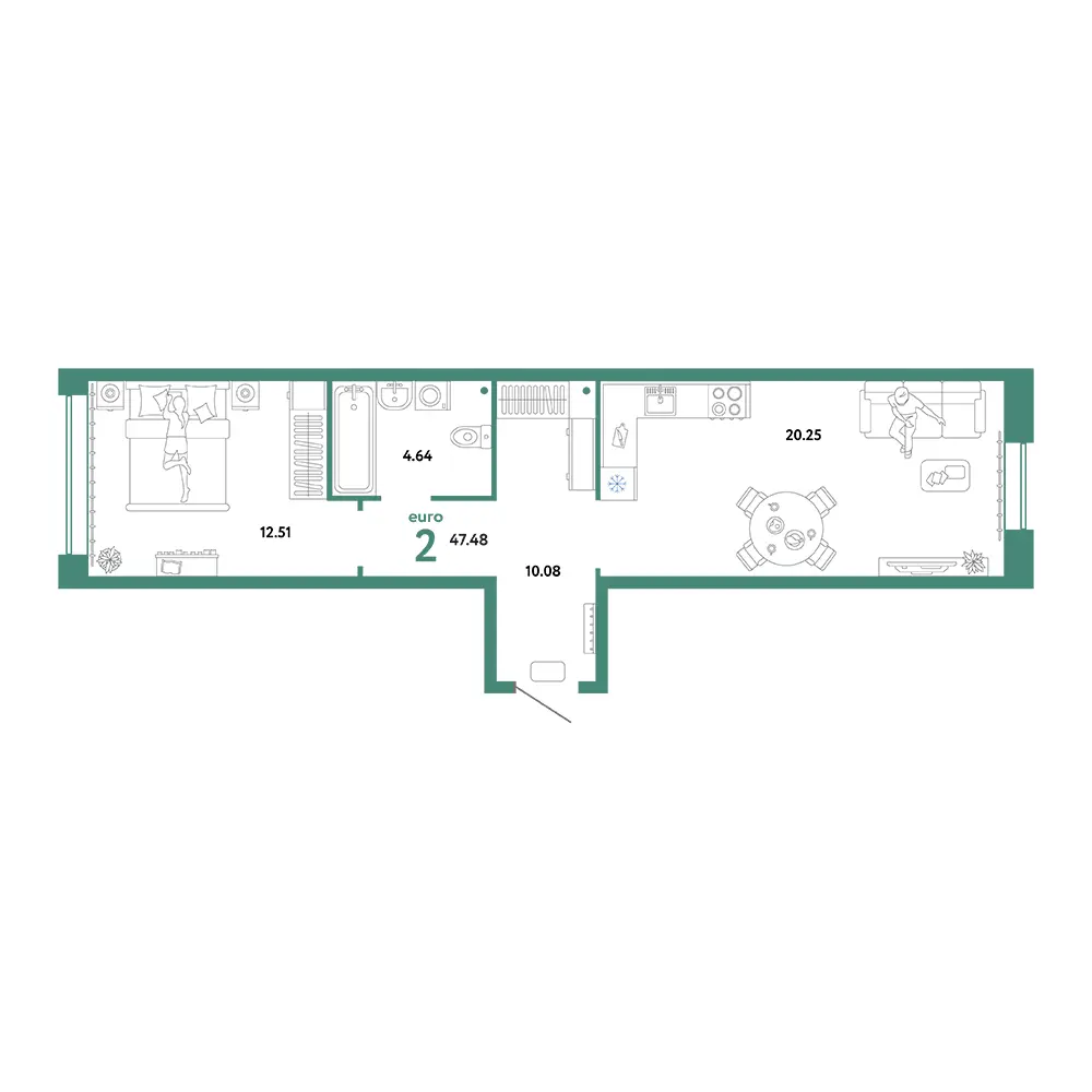 Планировка: Юнион 2-комнатная 47,48м²