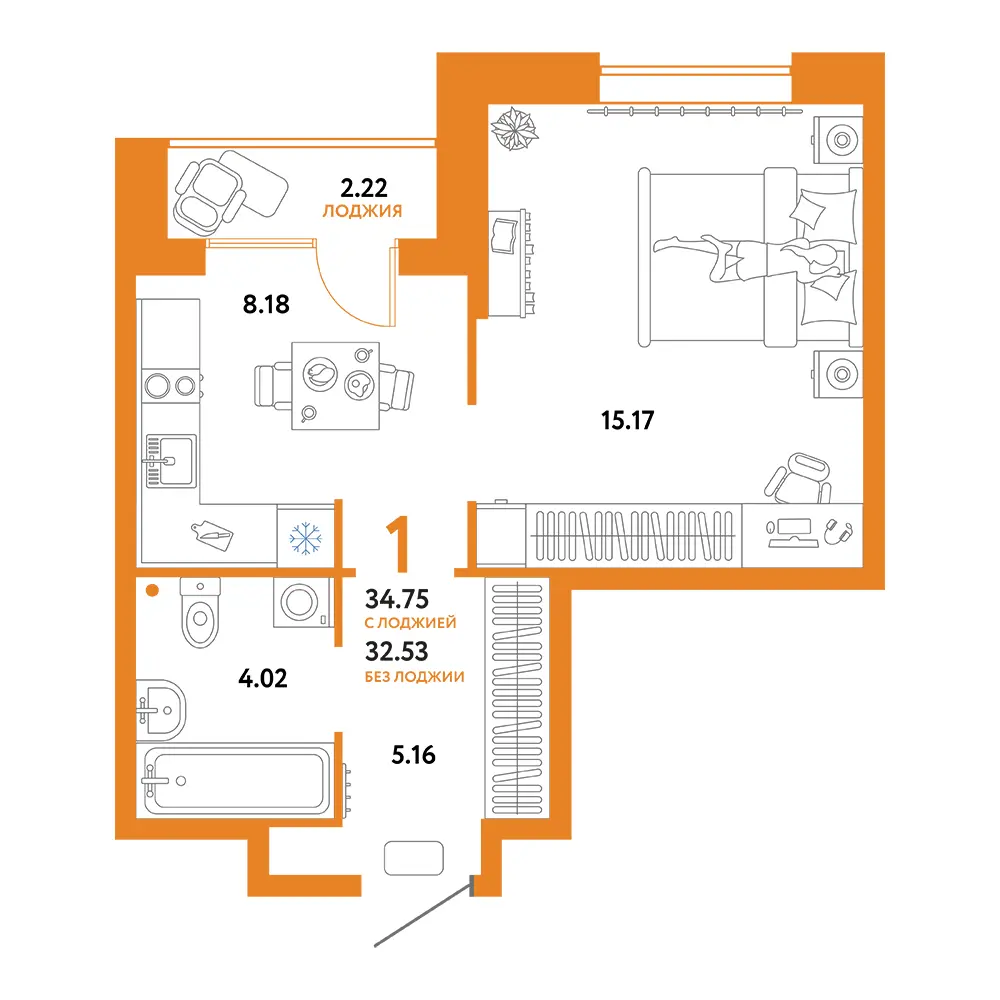 Планировка: Юнион 1-комнатная 34,75м²