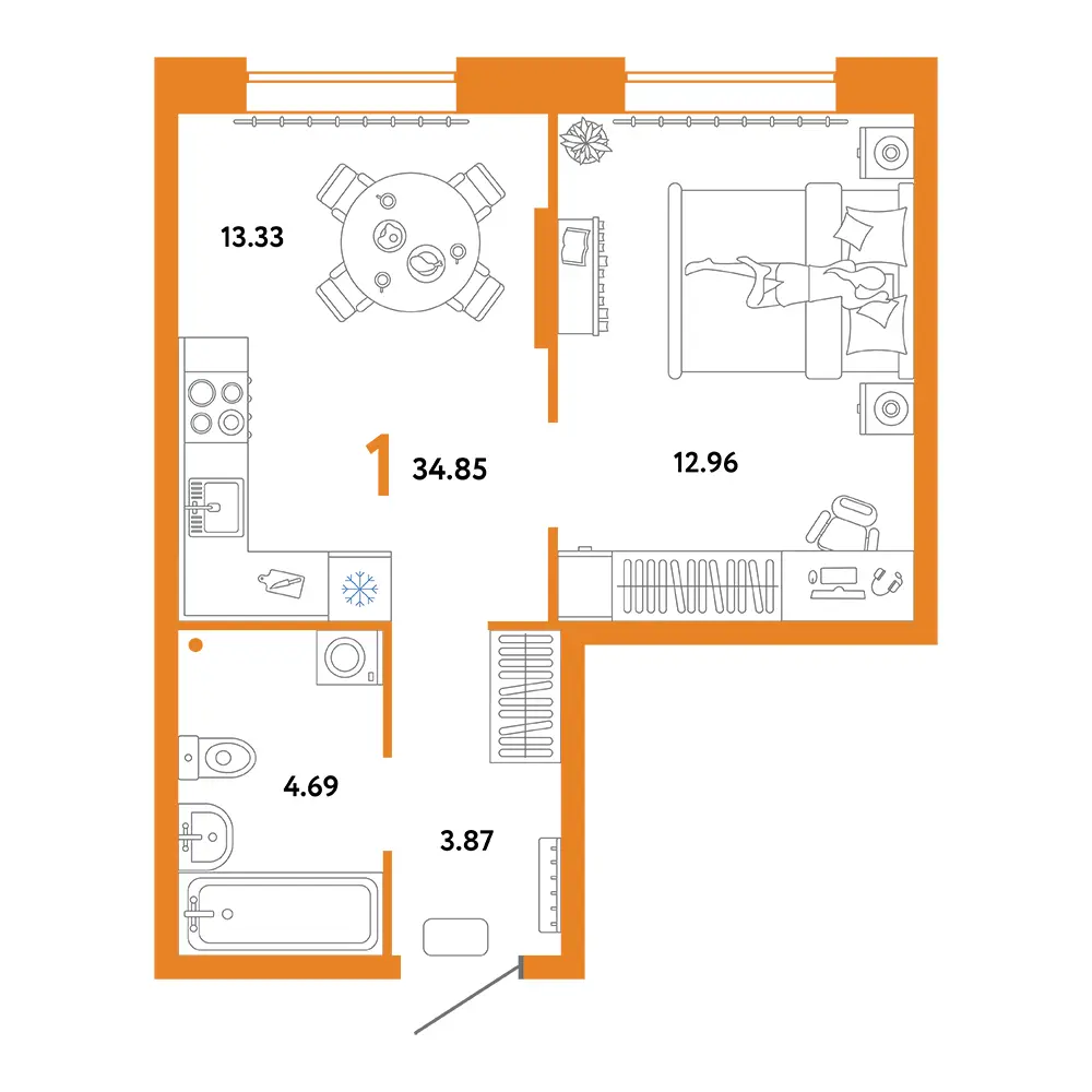 Планировка: Юнион 1-комнатная 34,85м²