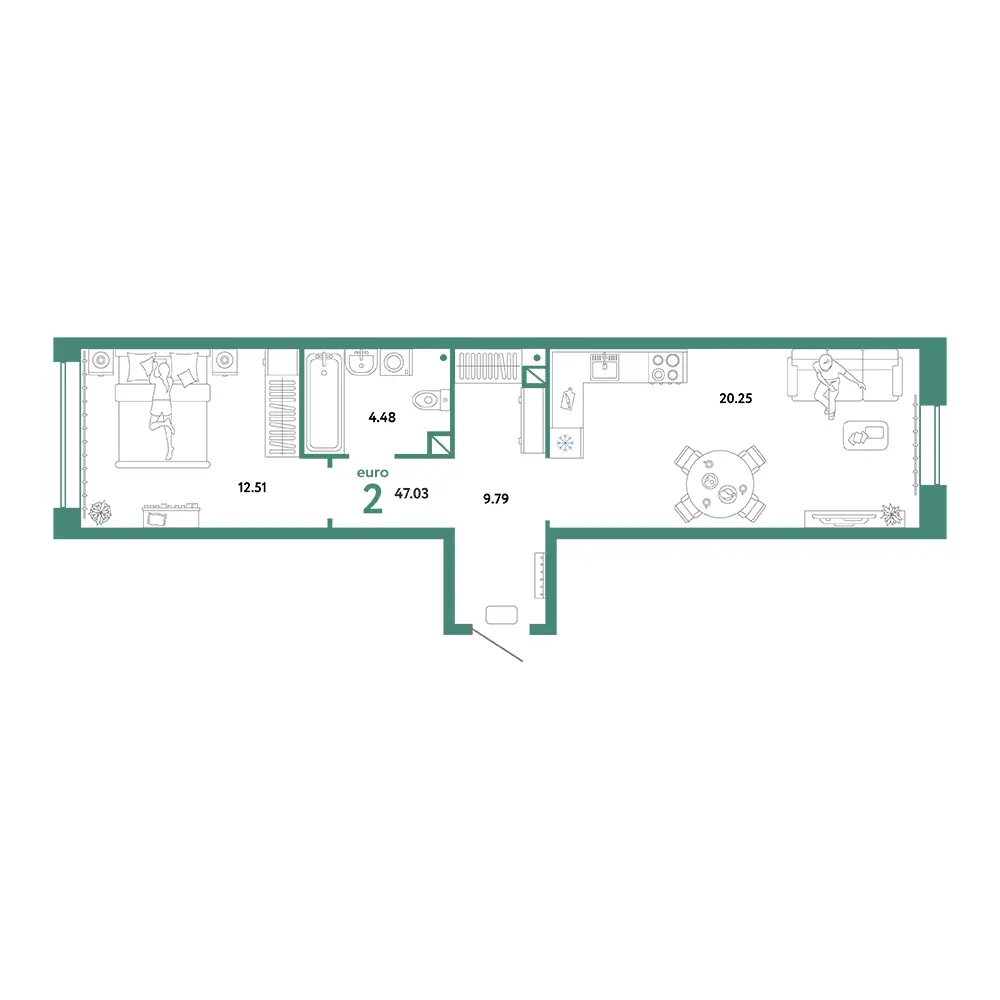 Планировка: Юнион 2-комнатная 47,03м²