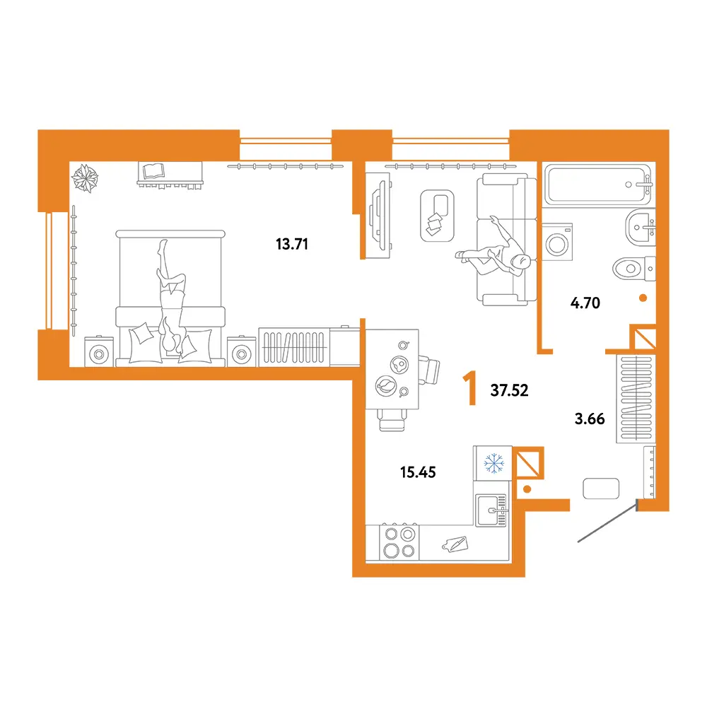 Планировка: Юнион 1-комнатная 37,52м²