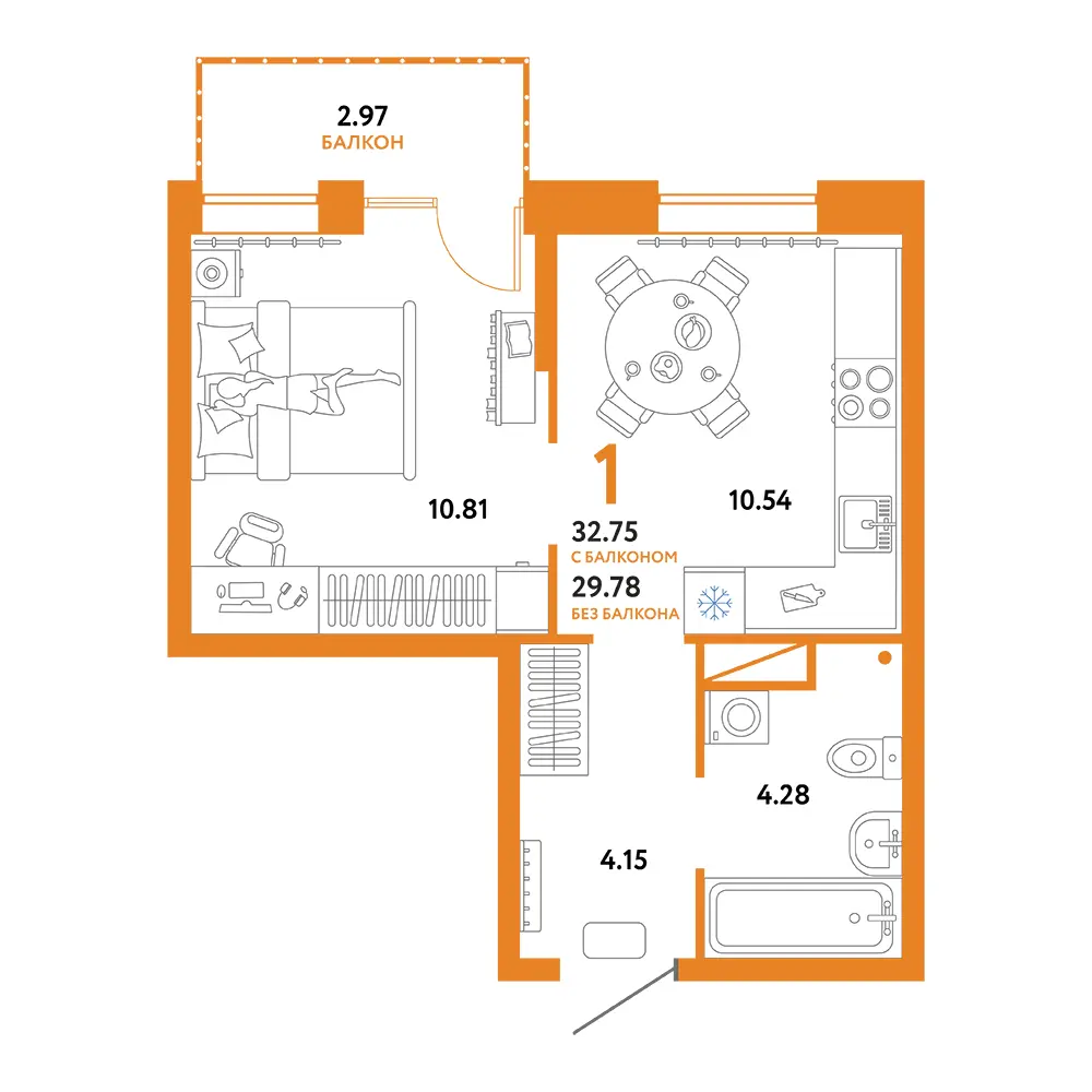Планировка: Юнион 1-комнатная 32,75м²