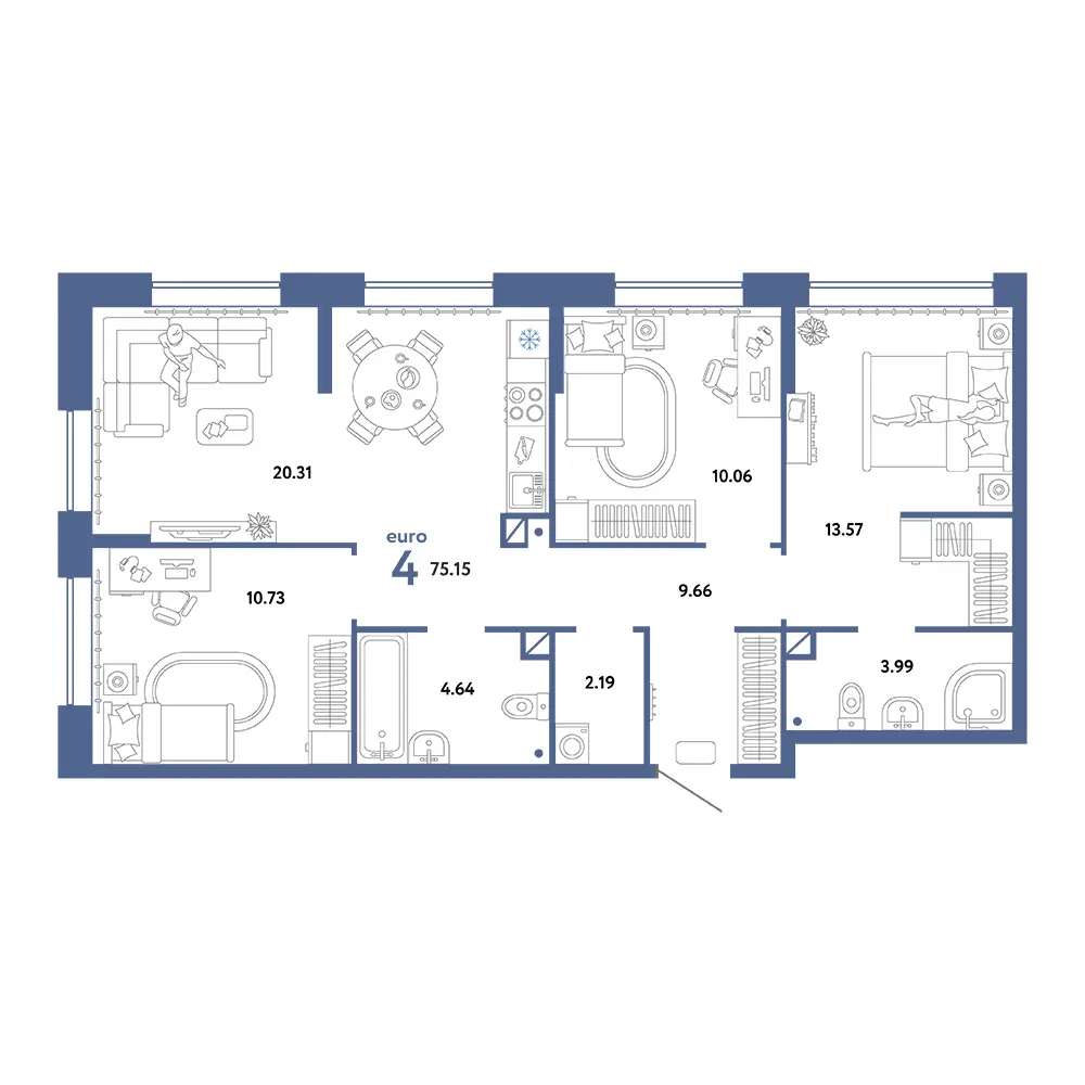 Планировка: Юнион 4-комнатная 75,15м²