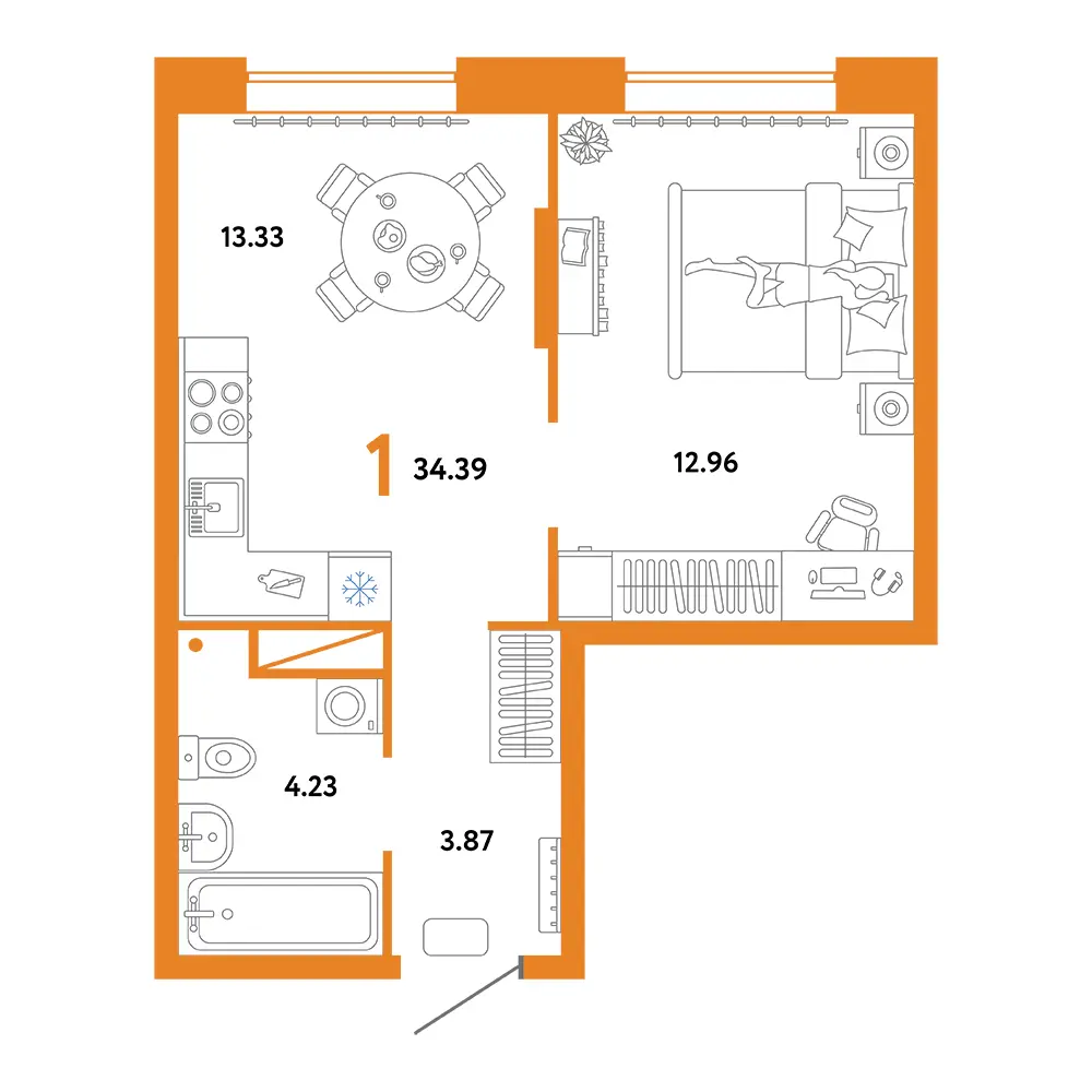 Планировка: Юнион 1-комнатная 34,39м²