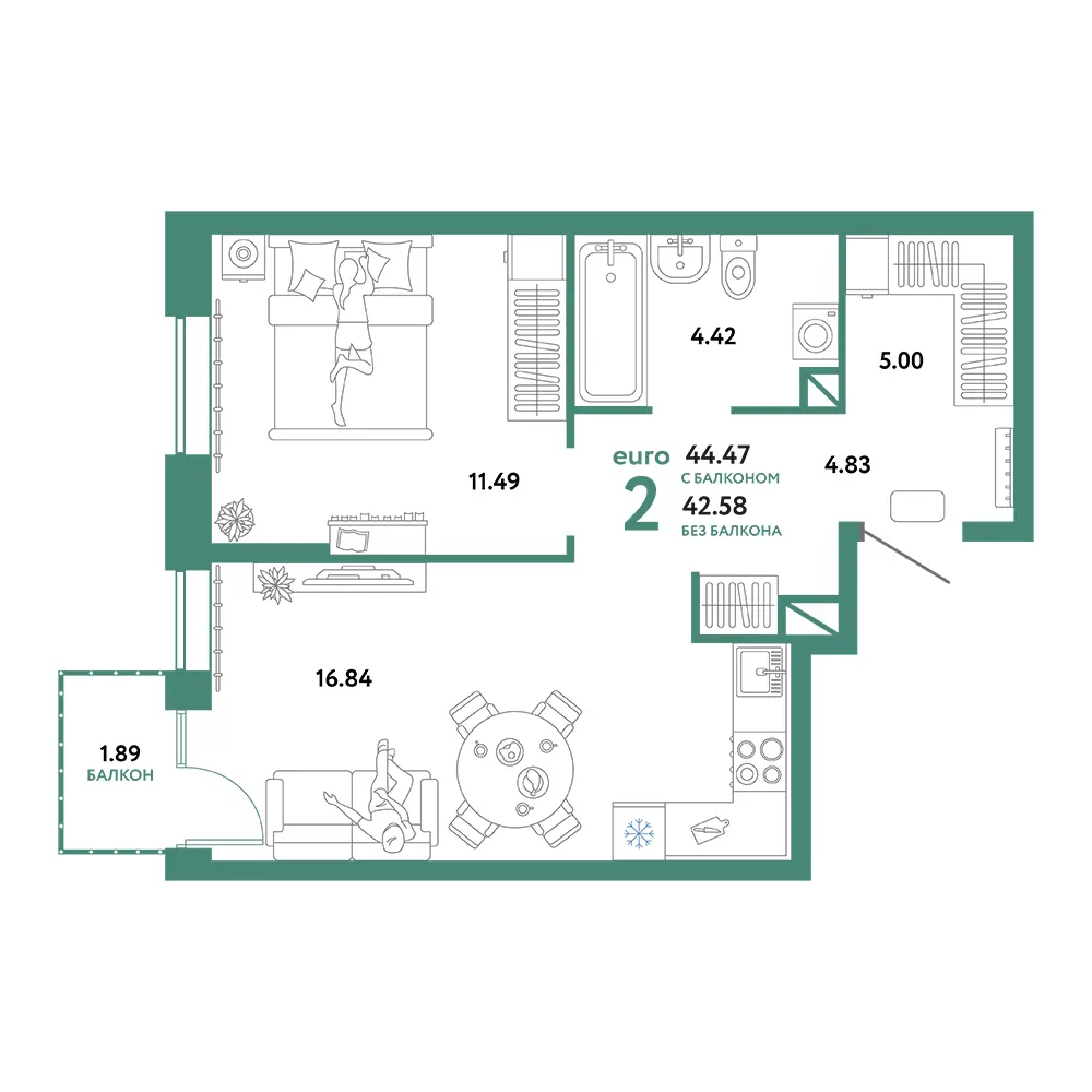 Планировка: Юнион 2-комнатная 44,47м²