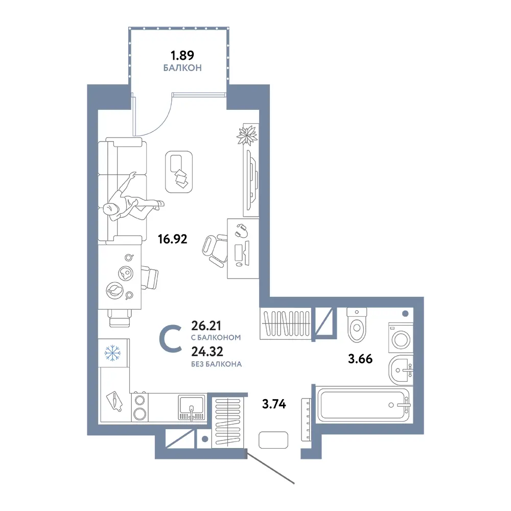 Планировка: Юнион Студия 26,21м²