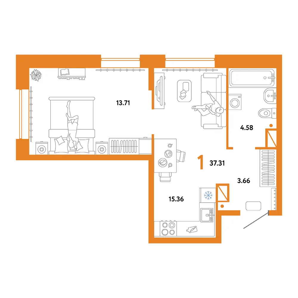 Планировка: Юнион 1-комнатная 37,31м²