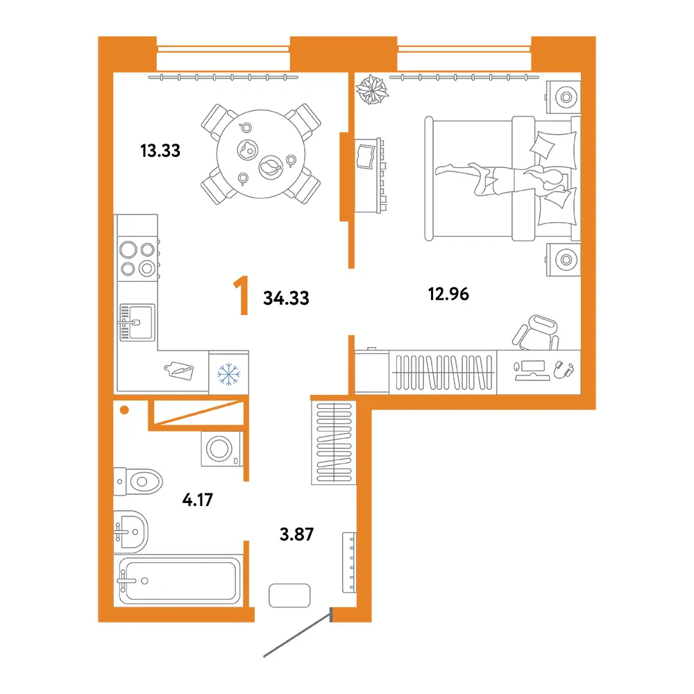 Планировка: Юнион 1-комнатная 34,33м²