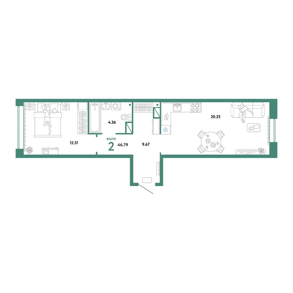 Планировка: Юнион 2-комнатная 46,79м²