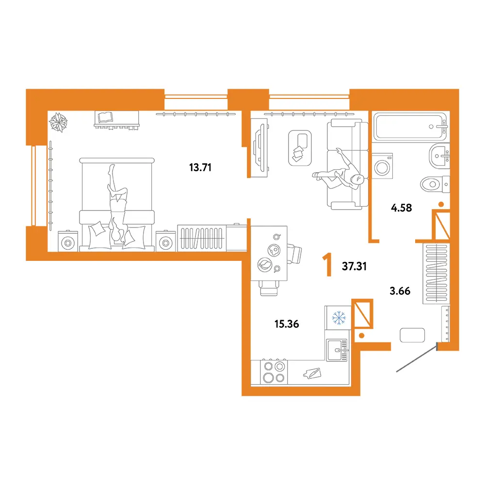 Планировка: Юнион 1-комнатная 37,31м²