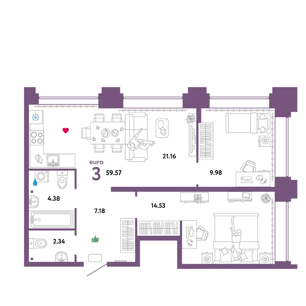 Планировка: Звездный 3-комнатная 59,57м²