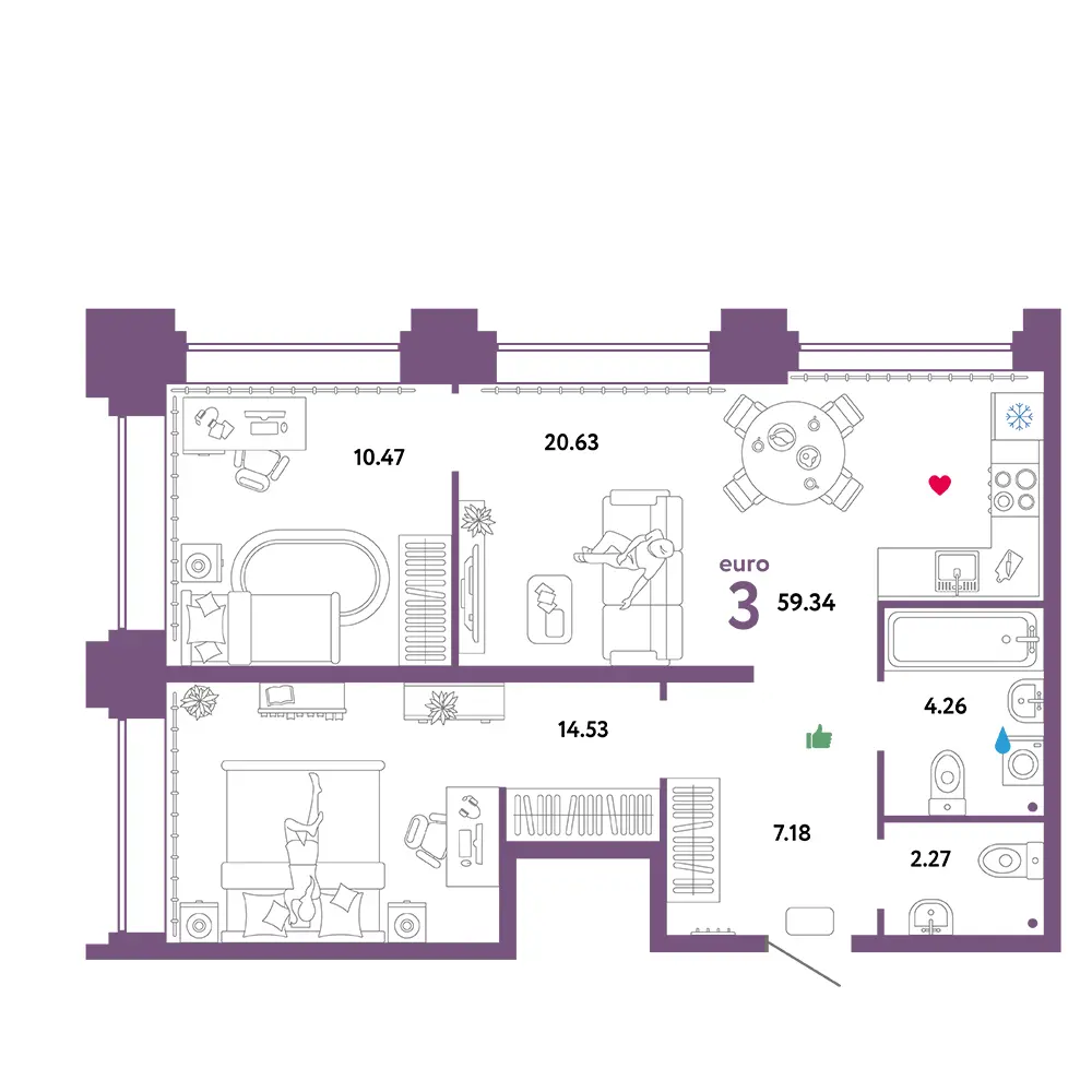 Планировка: Звездный 3-комнатная 59,34м²