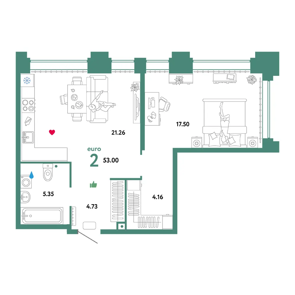 Планировка: Звездный 2-комнатная 53,00м²