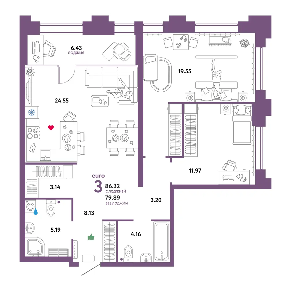 Планировка: Звездный 3-комнатная 86,32м²