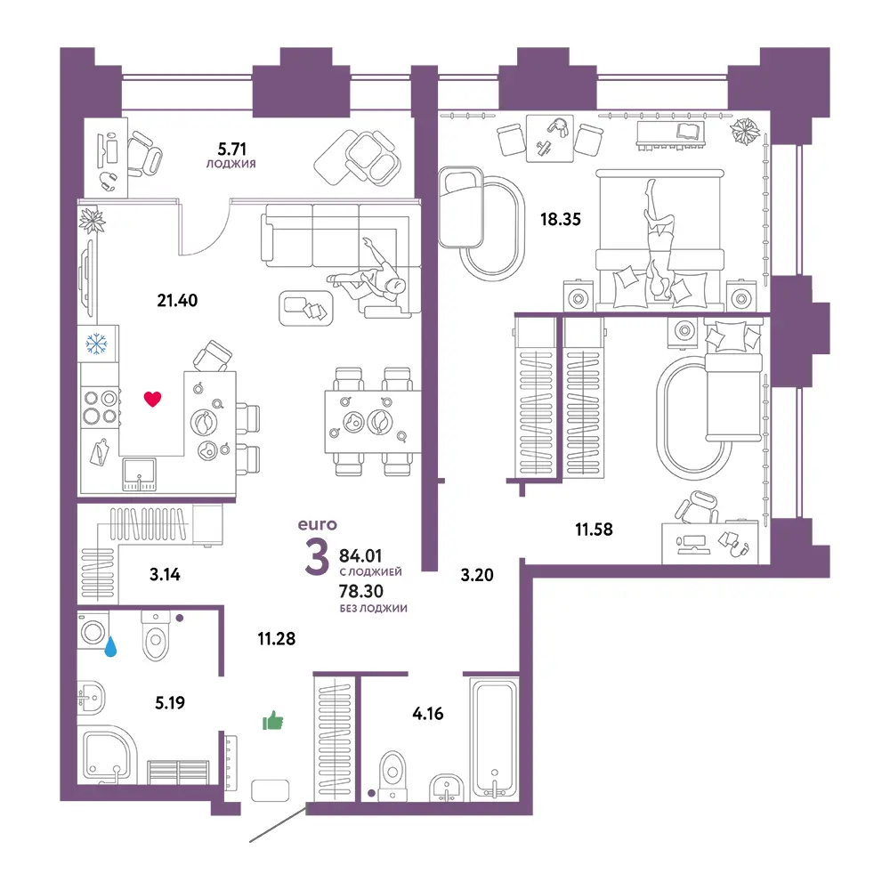 Планировка: Звездный 3-комнатная 84,01м²