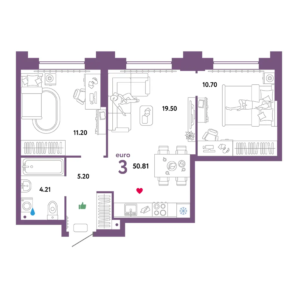 Планировка: Звездный 3-комнатная 51,02м²
