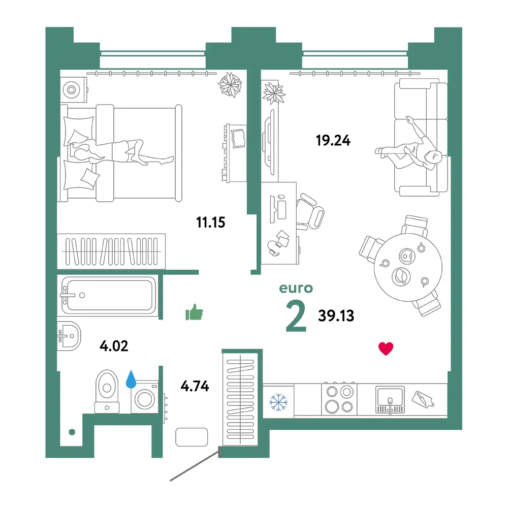 Планировка: Звездный 2-комнатная 39,13м²