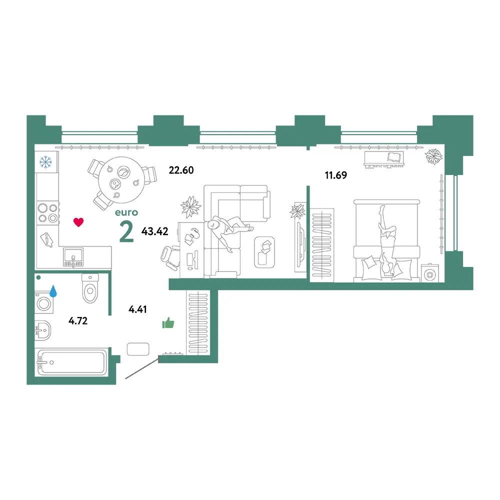 Планировка: Звездный 2-комнатная 43,09м²