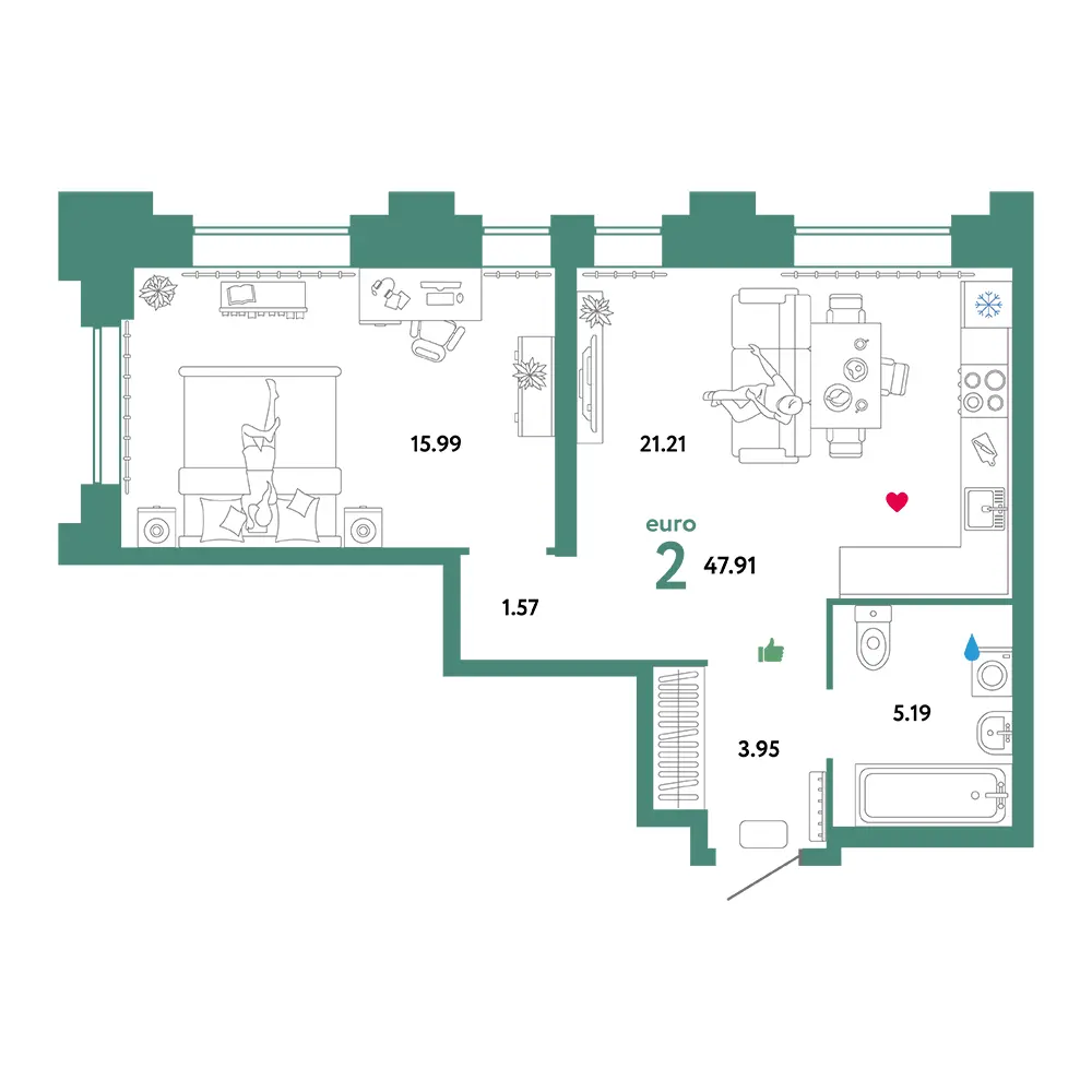 Планировка: Звездный 2-комнатная 47,92м²
