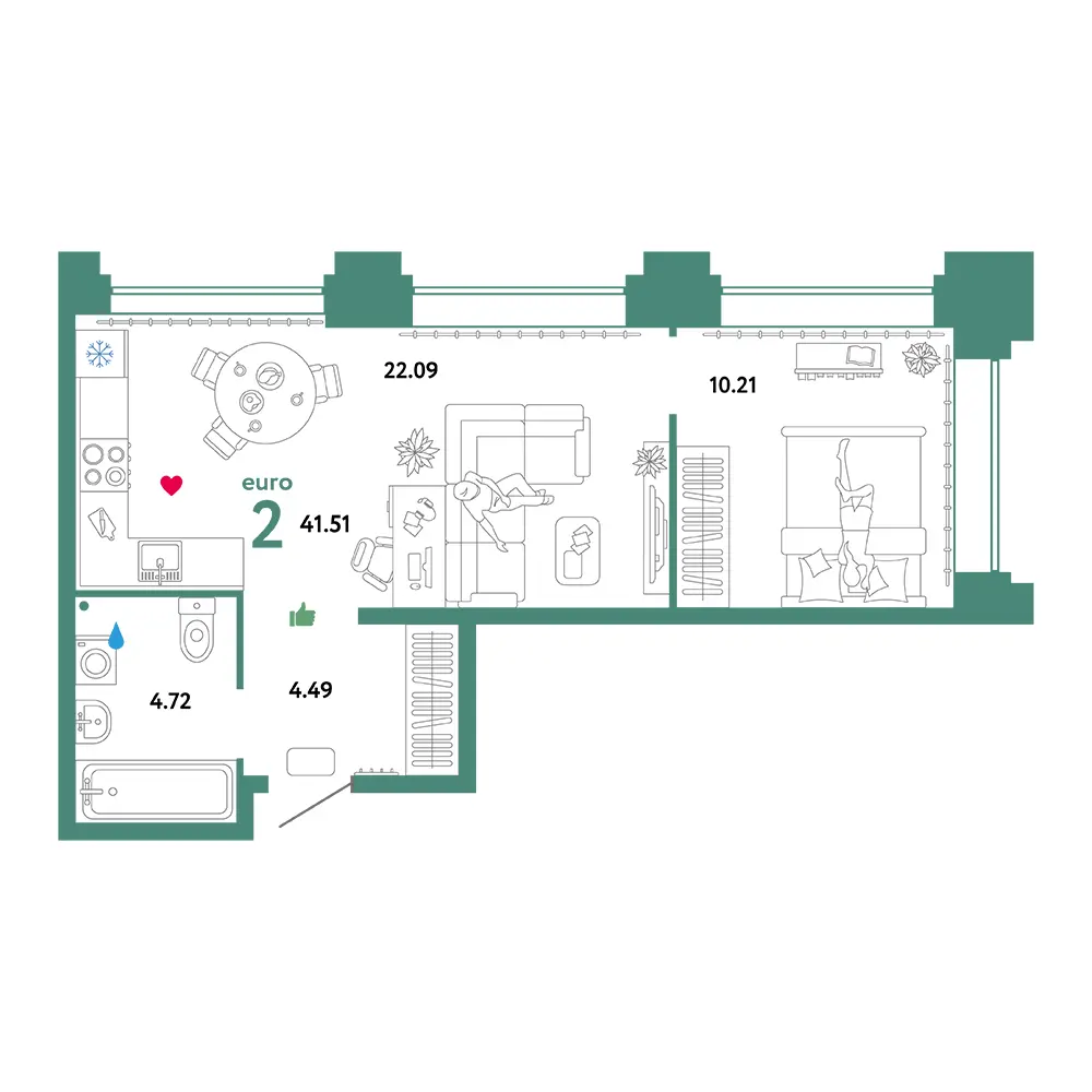 Планировка: Звездный 2-комнатная 41,51м²