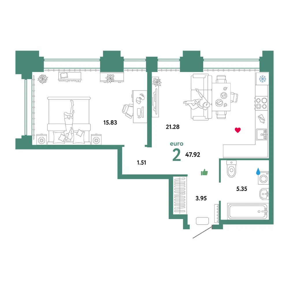 Планировка: Звездный 2-комнатная 47,92м²