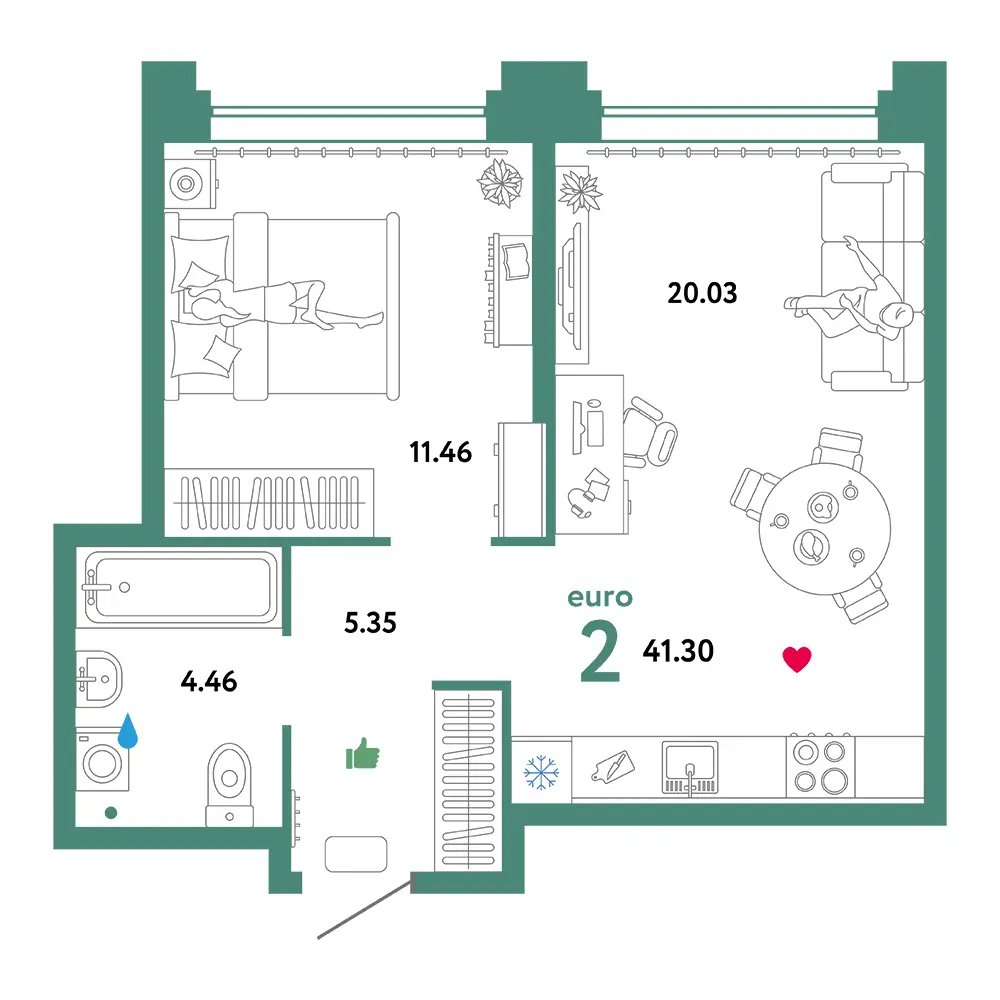 Планировка: Звездный 2-комнатная 41,30м²