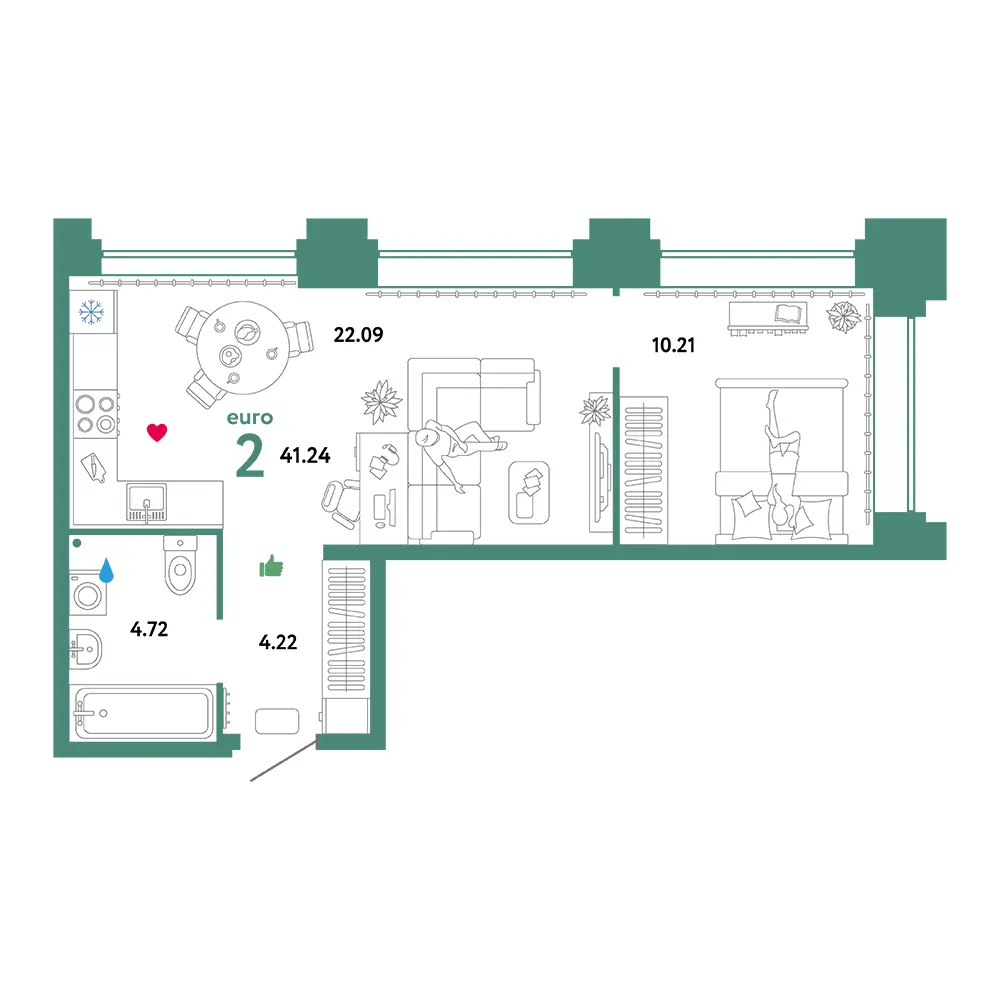 Планировка: Звездный 2-комнатная 41,24м²