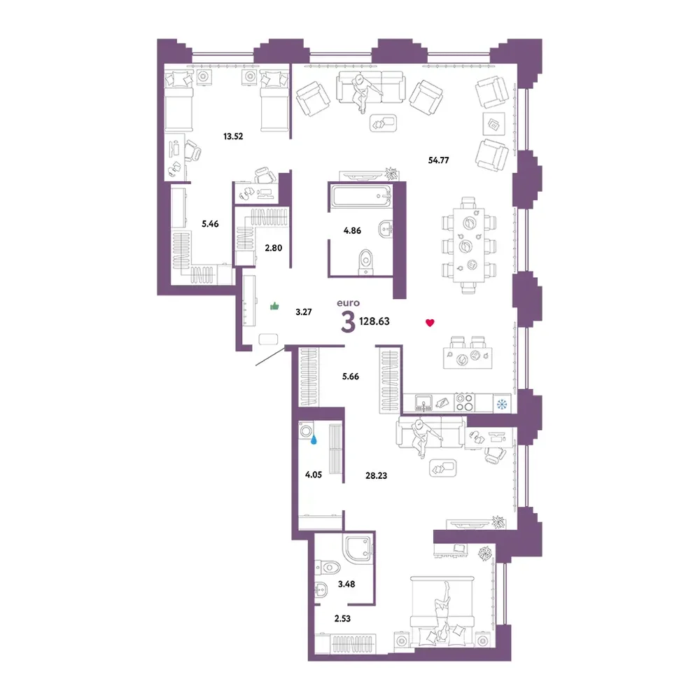 Планировка: Звездный 3-комнатная 128,63м²