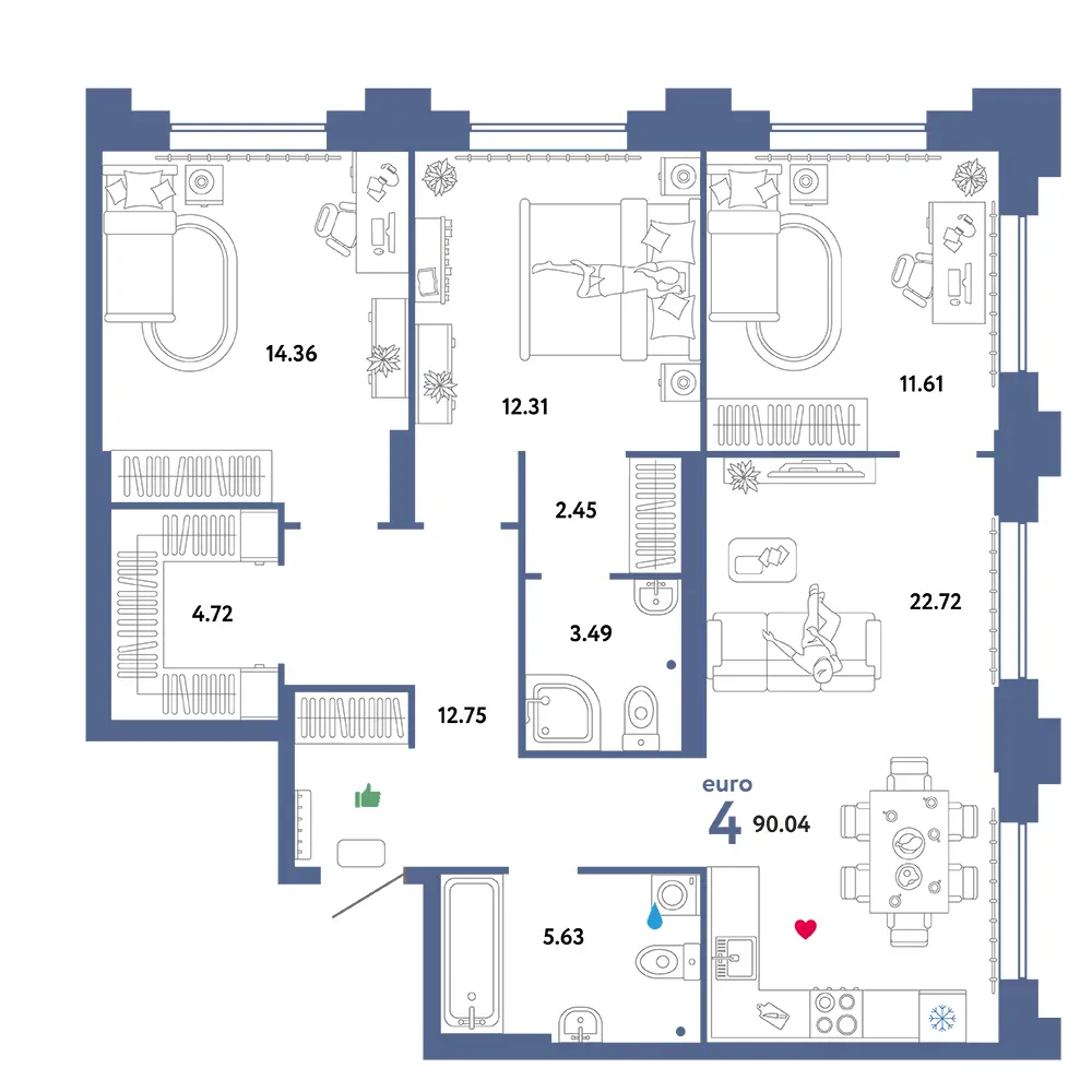 Планировка: Звездный 4-комнатная 90,04м²