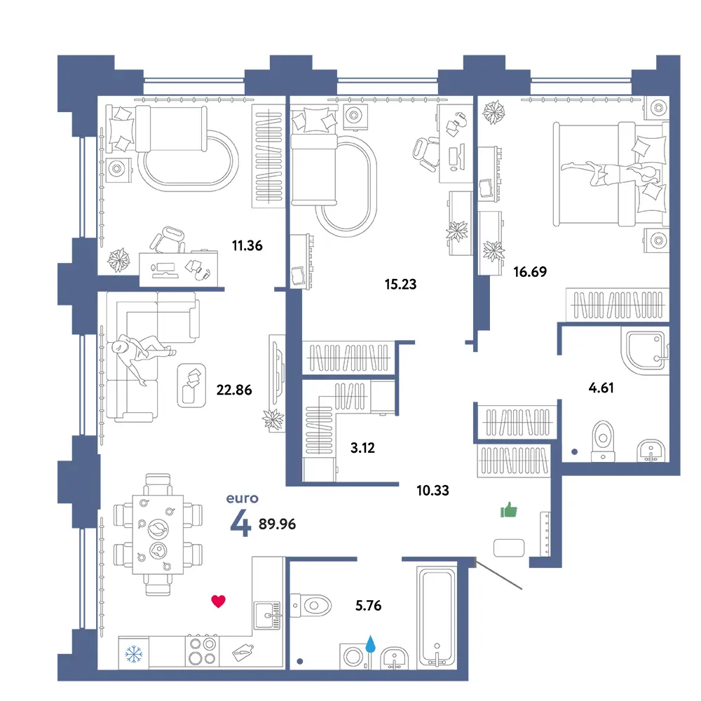 Планировка: Звездный 4-комнатная 89,96м²