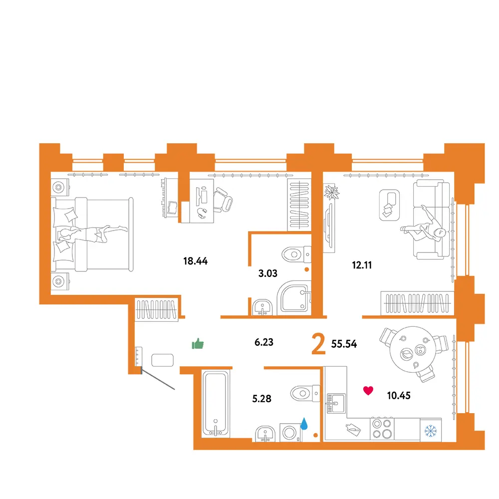 Планировка: Звездный 2-комнатная 55,54м²