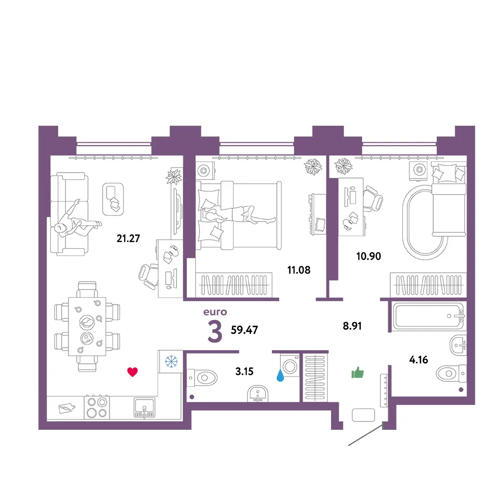 Планировка: Звездный 3-комнатная 59,80м²