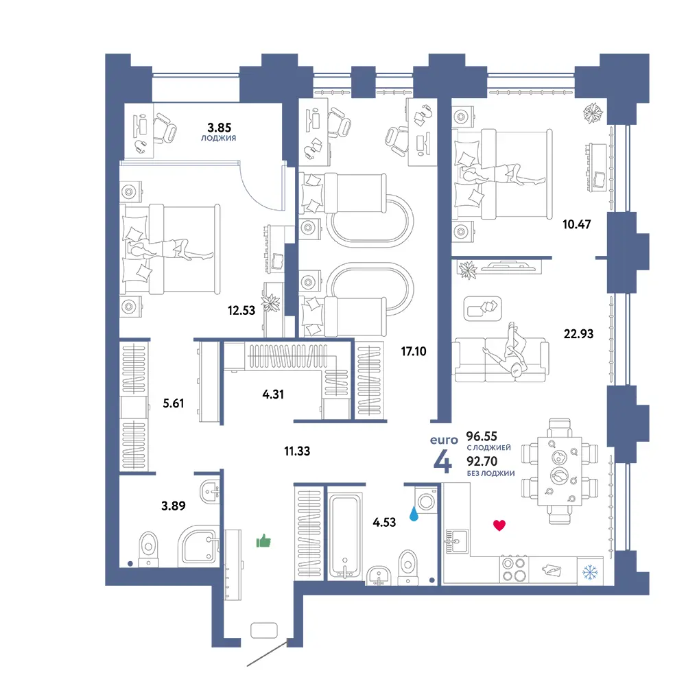 Планировка: Звездный 4-комнатная 99,39м²