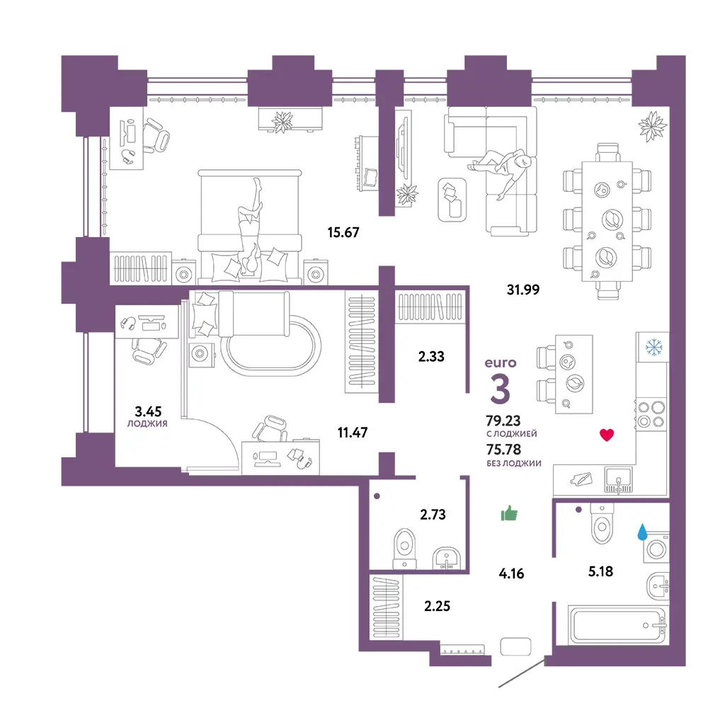 Планировка: Звездный 3-комнатная 81,76м²