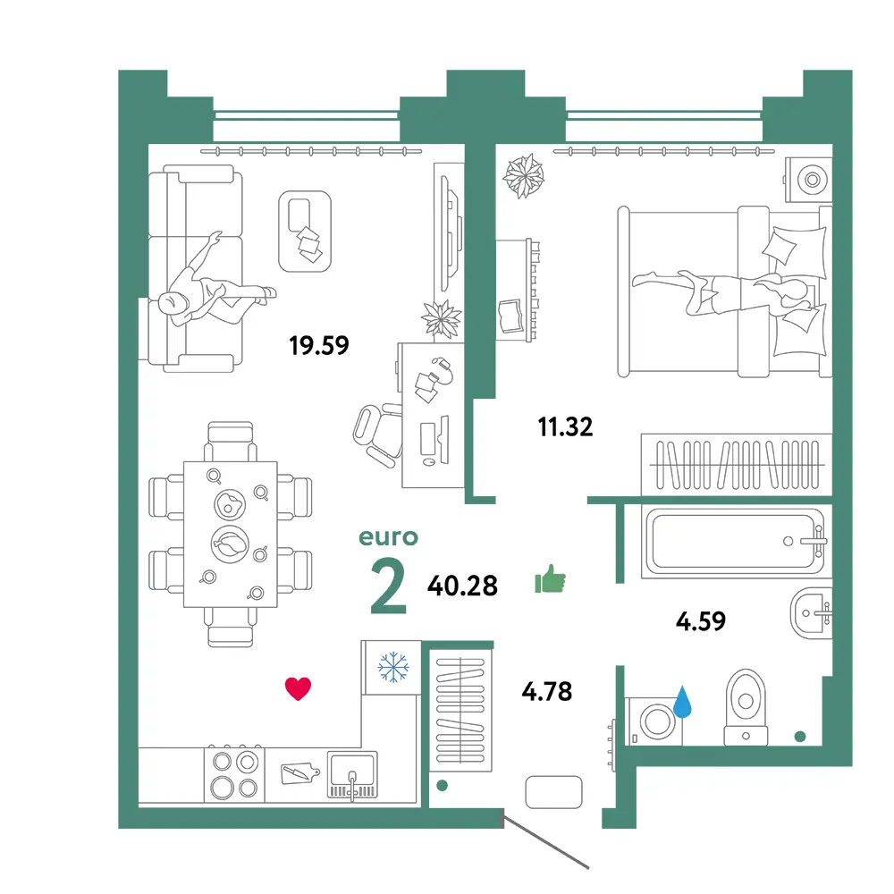Планировка: Звездный 2-комнатная 40,28м²