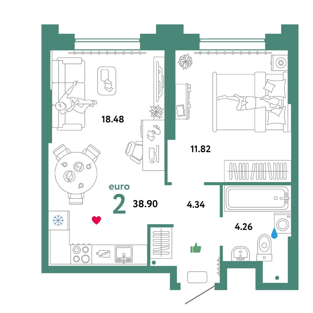 Планировка Звездный 2-комнатная 39,30м²