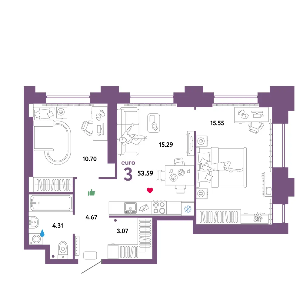 Планировка: Звездный 3-комнатная 55,66м²