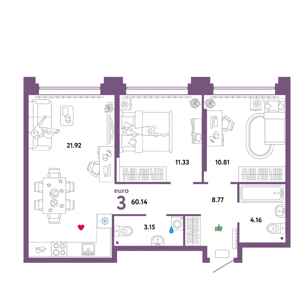Планировка: Звездный 3-комнатная 60,14м²