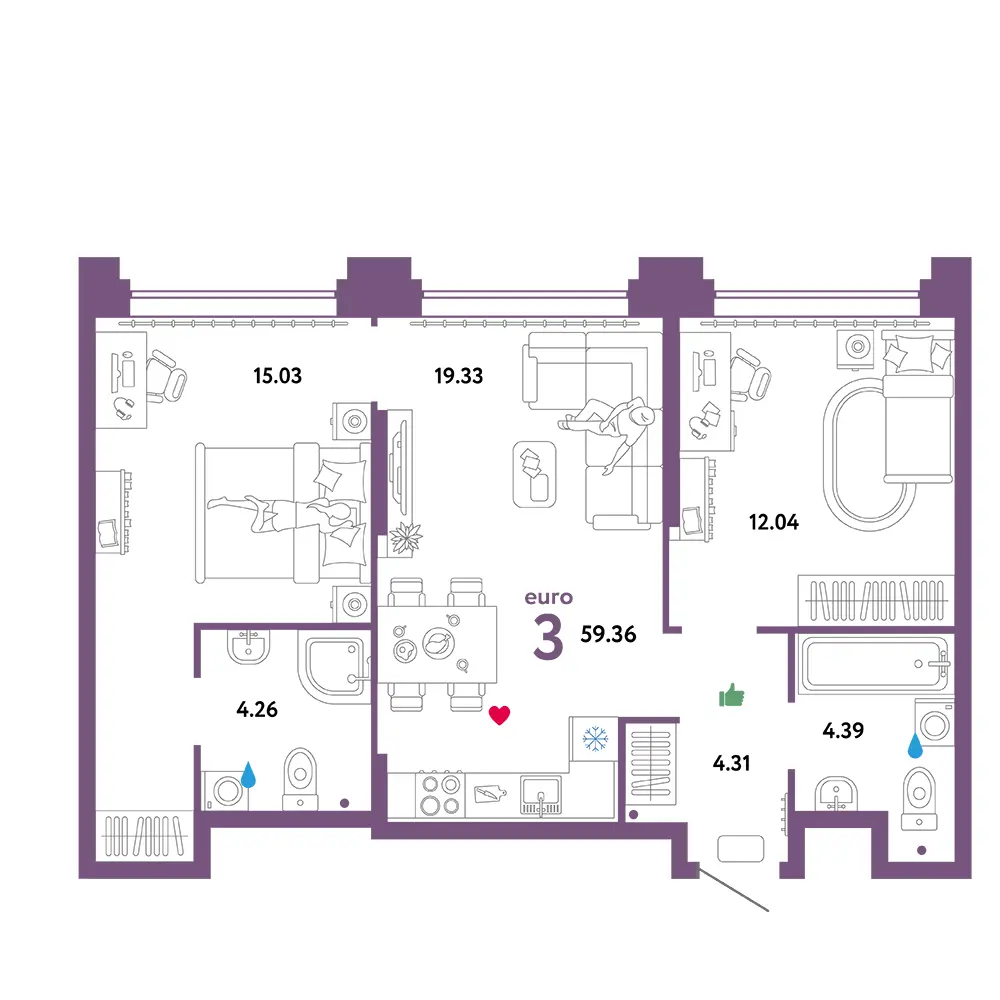 Планировка: Звездный 3-комнатная 59,36м²