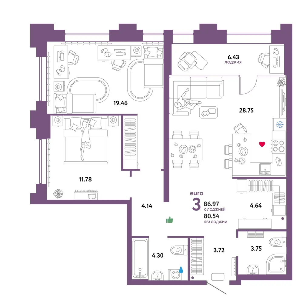 Планировка: Звездный 3-комнатная 86,97м²
