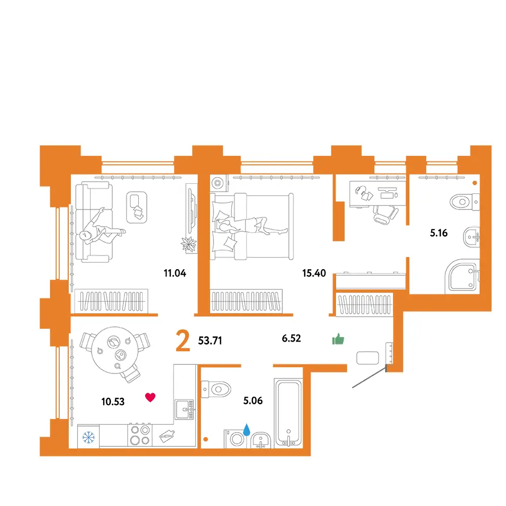 Планировка: Звездный 2-комнатная 53,75м²