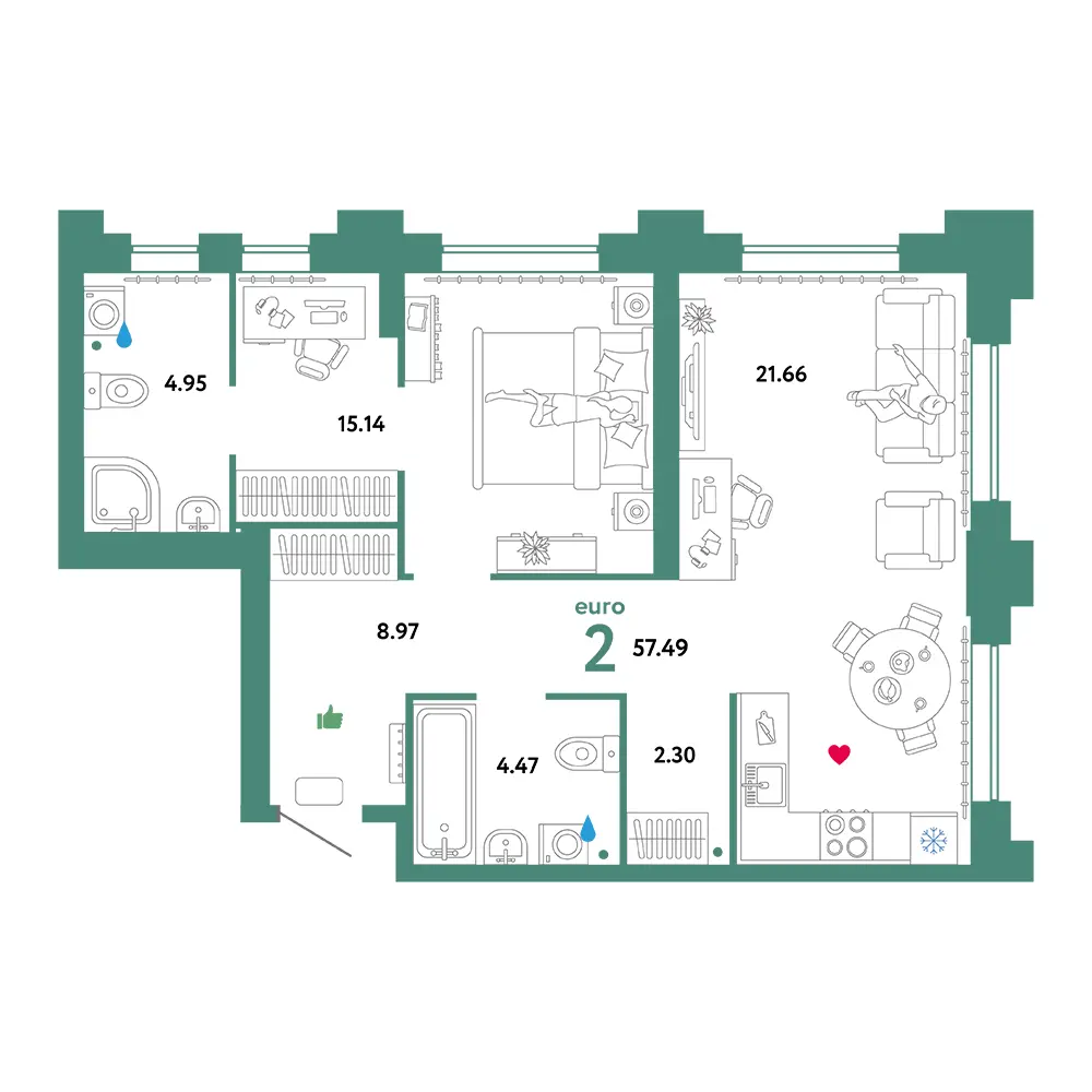 Планировка: Звездный 2-комнатная 57,51м²