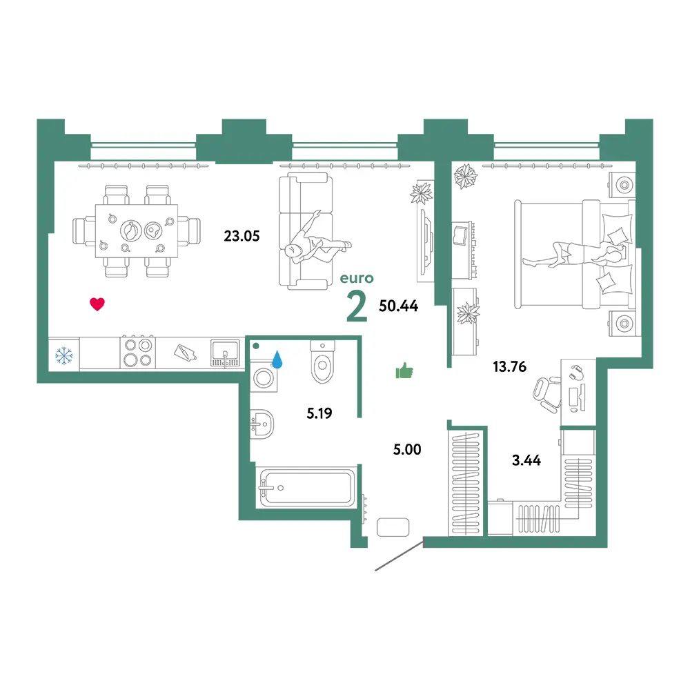Планировка: Звездный 2-комнатная 50,98м²