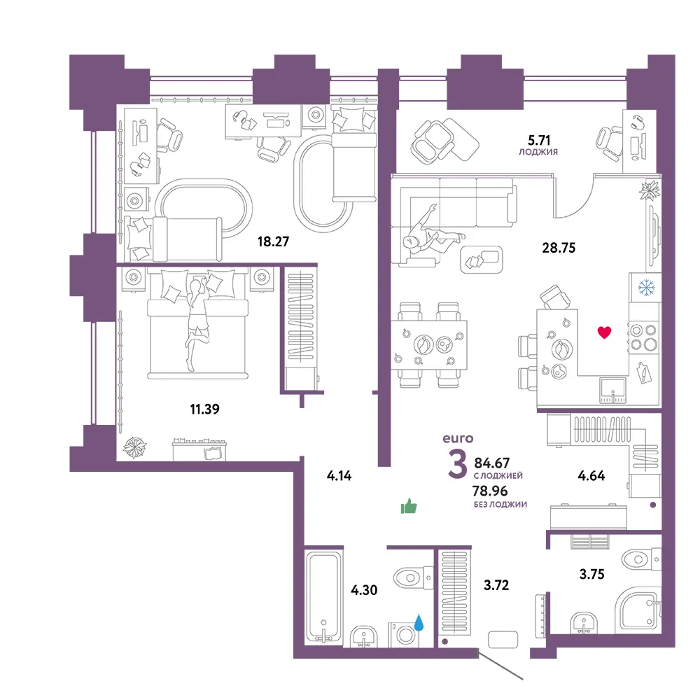 Планировка: Звездный 3-комнатная 84,67м²