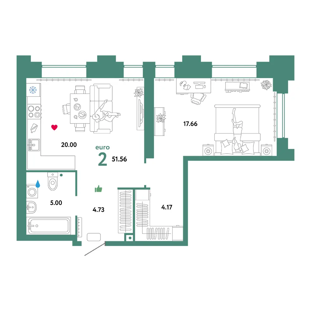 Планировка: Звездный 2-комнатная 54,35м²