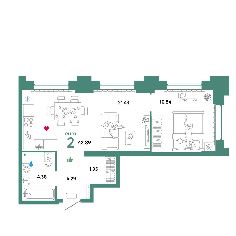 Планировка: Звездный 2-комнатная 42,15м²