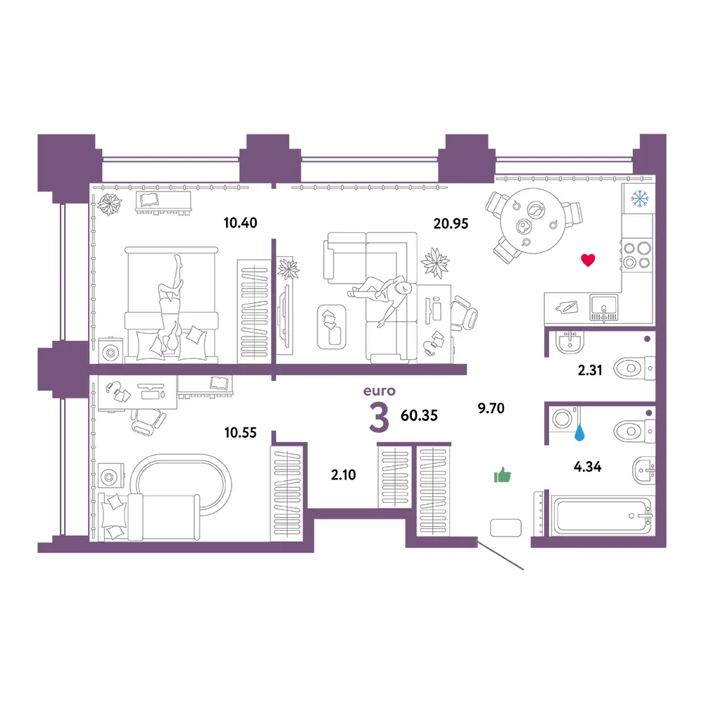 Планировка: Звездный 3-комнатная 60,32м²